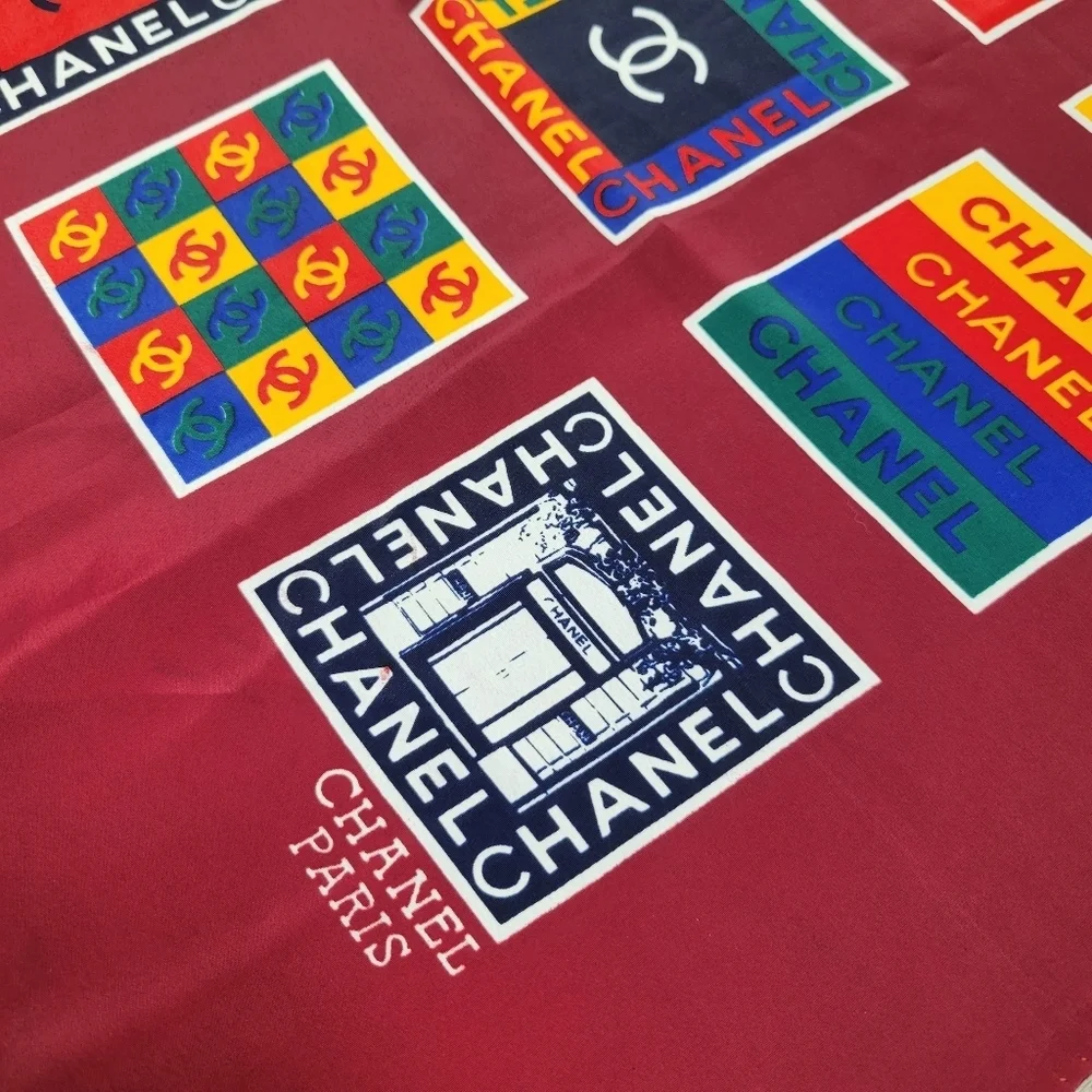 CHANEL Vibrant Geometric Logo Multicolor 100% Silk Scarf Burgundy 35x35